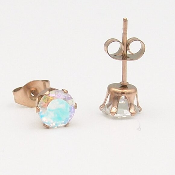 Rose Gold PVD Stud Earrings Aurora Borealis Surgical Steel 6mm Carded - Picture 2 of 3